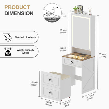 Tocador 3 in 1 con specchio LED e sgabello con contenitore